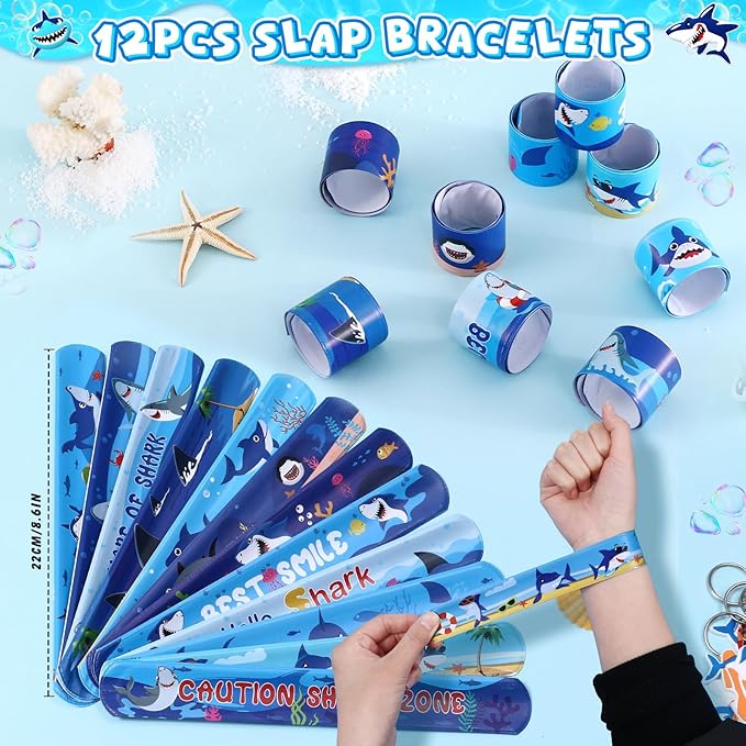 Golray 110Pcs Shark Party Favors Birthday Supplies, Straws Bubble Wands Slap Bracelet Keychain Tattoo Sticker Toy Gift Kids Boys Shark Goodie Bag Stuffer Ocean Under the Sea Party Favors