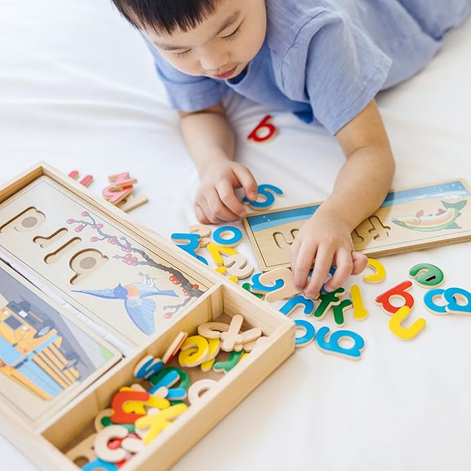 Melissa & Doug See & Spell Wooden Educational Toy With 8 Double-Sided Spelling Boards and 64 Letters Preschool Learning Activities, See & Spell Learning Toys For Kids Ages 4+
