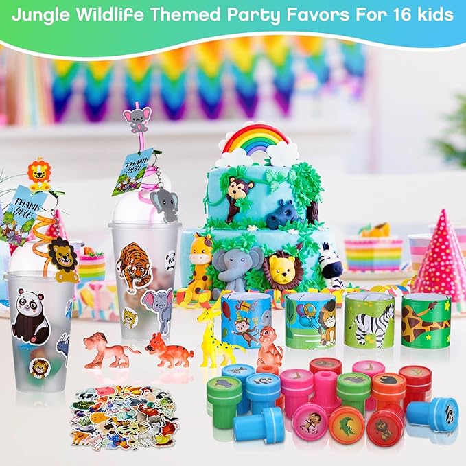 Poen 212 Pcs Jungle Party Favors Set Include Cup Straw Stamp Clap Bracelet Keychain Ring Puzzle Sticker Animal Miniature Card for Birthday Party Baby Shower Goody Bag Stuffer