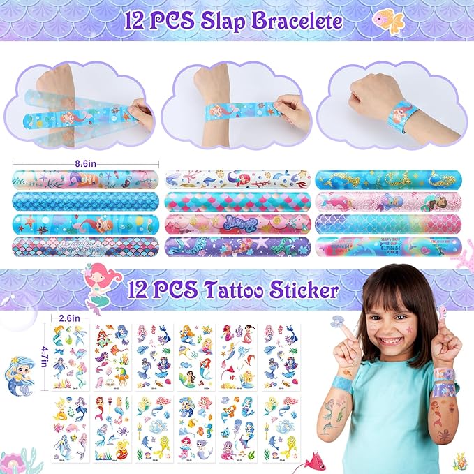 Mermaid Party Favors Birthday Supplies Invisible Ink Pen Spiral Notepad Stamper Slap Bracelet Scratch Paper Tattoo Sticker Goodie Bag Stuffer Kid Girl Little Mermaid Birthday Party Supplies Decor