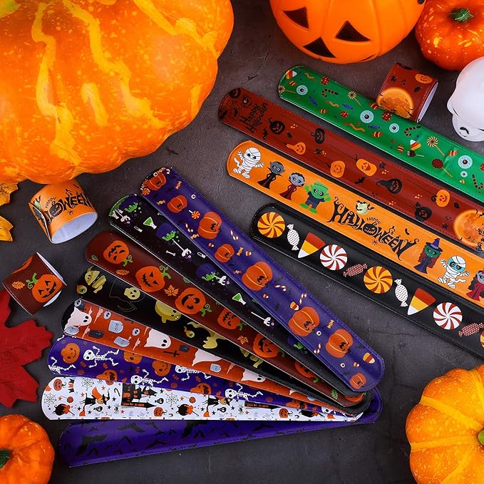 Elcoho 72 Pieces Halloween Favors Slap Bracelets Toys Halloween Wristbands Slap Bracelets for Halloween Trick or Treat Gifts