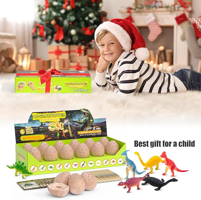 DoDoMagxanadu Dinosaur Eggs,12 Dino Eggs Dig Excavation Kit Dinosaur Toys for Boys, Science STEM Dinosaur Party Favors Easter Basket Stuffers for Boys & Girls Ages 3-5 4-7 5-7+