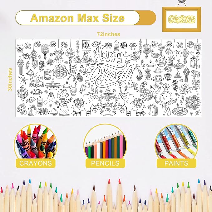OHOME Diwali Giant Coloring Poster/Tablecloth - Diwali Decorations for Home - 30 x 72 Inches Jumbo Coloring Banner Kids Crafts Activities Decor Party Decorations | Diwali Gifts