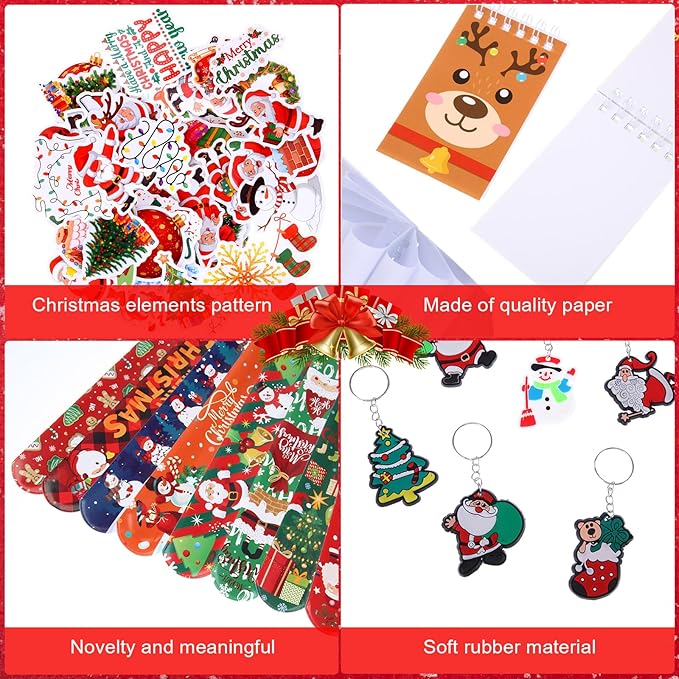 Pasimy 194 Pcs Christmas School Stationery Set Xmas Goody Bag Filler with Key Chain Slap Bracelet Pen Stationery Stocking Christmas Party Favors Assortment for Classroom Gift Prizes Reward Supplies