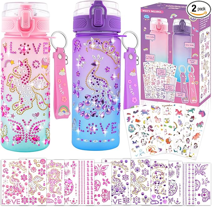 Decorate Your Own Water Bottle Kits Gifts for Girls Ages 4-6-8, DIY Mermaid Unicorn Water Bottle, Fun Kids Arts & Crafts Sticker Toys - 4 5 6 7 8 Year Old Girls Birthday Valentines Day Gifts, 2-Pack