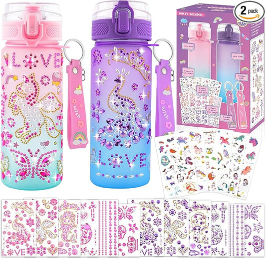 Decorate Your Own Water Bottle Kits Gifts for Girls Ages 4-6-8, DIY Mermaid Unicorn Water Bottle, Fun Kids Arts & Crafts Sticker Toys - 4 5 6 7 8 Year Old Girls Birthday Valentines Day Gifts, 2-Pack