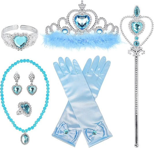 Princess Dress Up Accessories Princess Gloves, BIBUTY 7pcs Dress Up Set for Toddler Girls with Princess Crown, Wand, Gloves, Necklace, Earrings, Bracelet and Ring, Costume Toys for 3-6 yr Little Girls