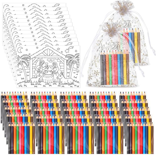 Qilery 36 Sets Christmas Activities Nativity Scene Coloring Page Bulk for Kids Coloring Page with Coloring Pencils and Organza Gift Bag Xmas DIY Art Drawing Page for Kids School Party Favor