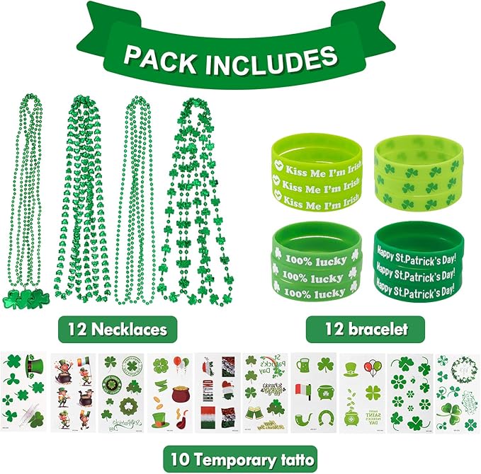 Whaline 94Pcs St. Patrick's Day Party Favor Set Include 12 Green Rubber Wristbands bracelet 12 Shamrock Necklace and 70 Piece Temporary Tattoo Sticker for St. Patrick Irish Party Supplies Decorations