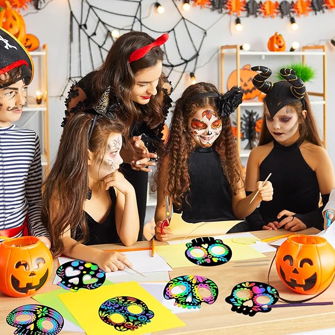Deekin 60 Pcs Day of The Dead Scratch Masks Skulls Arts and Crafts Gift Set Halloween Skull Scratch Party Favors DIY Art Mask Craft Kit for Mexican Dia De Los Muertos Activity Party Decoration