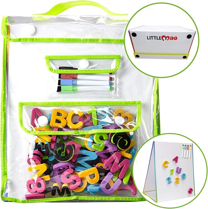 Magnetic Easel and Whiteboard for Kids – 4 Dry Erase Markers, 72 Magnet Numbers and Letters, and Bonus Carrying Bag – Table Top Educational Children’s Play Set