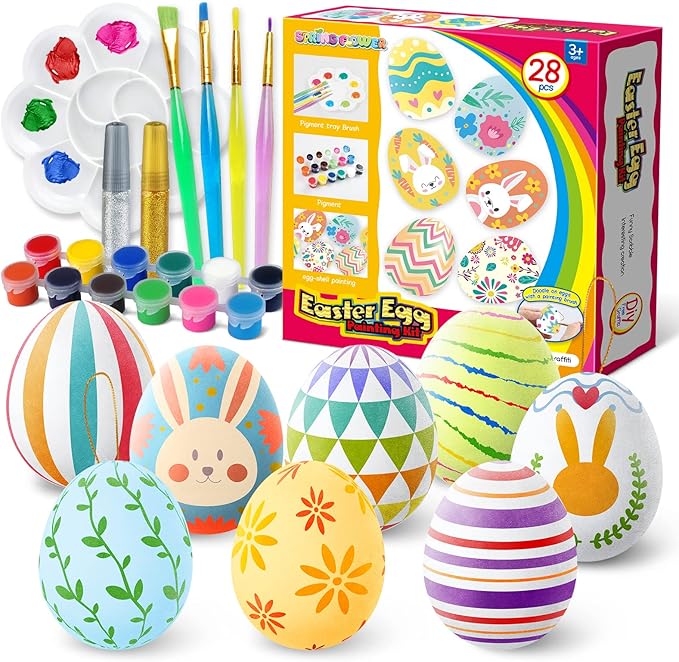 Easter White Eggs Painting Kit-Paintable Hanging Flocking Eggs with Rope, Doodle Kit for DIY Design, Easter Decoration, egg Hunts, Basket Fillers, Easter Gift,28PCS