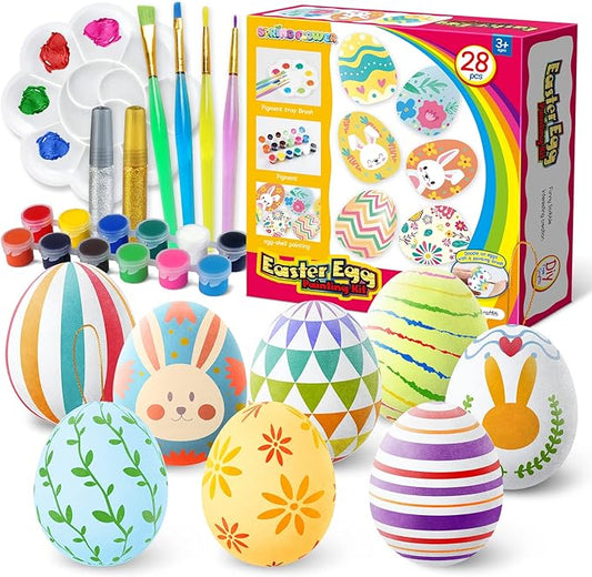 Easter White Eggs Painting Kit-Paintable Hanging Flocking Eggs with Rope, Doodle Kit for DIY Design, Easter Decoration, egg Hunts, Basket Fillers, Easter Gift,28PCS