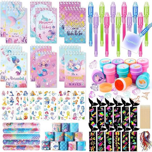 Mermaid Party Favors Birthday Supplies Invisible Ink Pen Spiral Notepad Stamper Slap Bracelet Scratch Paper Tattoo Sticker Goodie Bag Stuffer Kid Girl Little Mermaid Birthday Party Supplies Decor