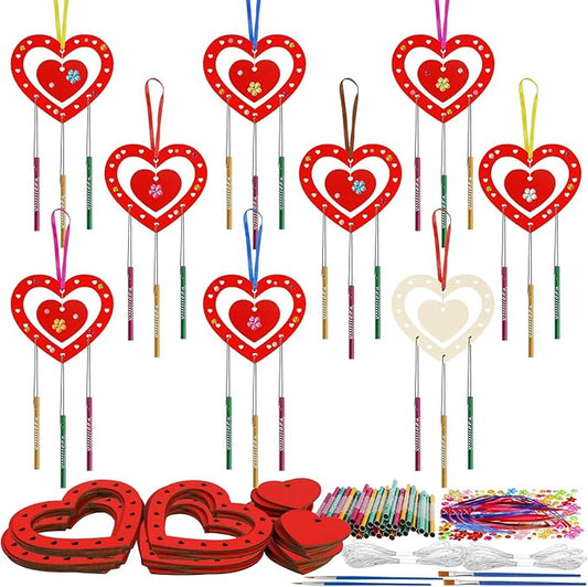 Fennoral 27 Pack Heart Wind Chime Kit for Kids Make You Own Red Heart Wind Chimes Valentine's Day Wooden Ornaments for Kids Art and Craft Valentine's Day Gifts Party Decoration