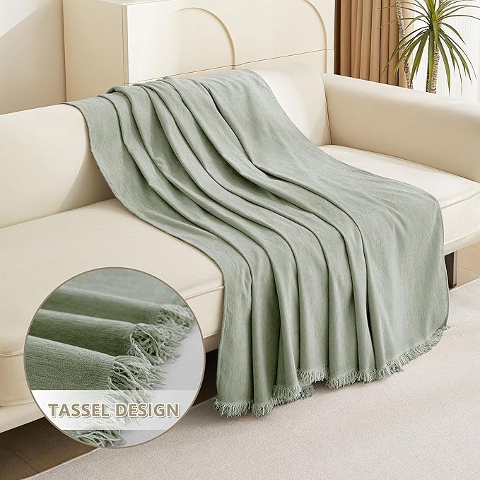 MYSKY HOME Sectional Couch Cover Blanket Living Room Furniture Protector for Pets, Farmhouse Home Decor Sofa Covers Tassel Chenielle Sofa Slipcover Soft Throw Couch for Dogs,71" X 118", Sage Green