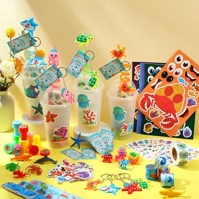 Poen 212 Pcs Under the Sea Party Favors Set Include Cup Straw Stamp Clap Bracelet Keychain Ring Puzzle Sticker Animal Miniature Card for Birthday Party Baby Shower Goody Bag Stuffer