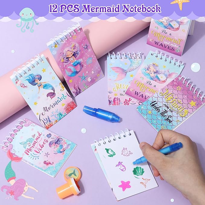 Mermaid Party Favors Birthday Supplies Invisible Ink Pen Spiral Notepad Stamper Slap Bracelet Scratch Paper Tattoo Sticker Goodie Bag Stuffer Kid Girl Little Mermaid Birthday Party Supplies Decor