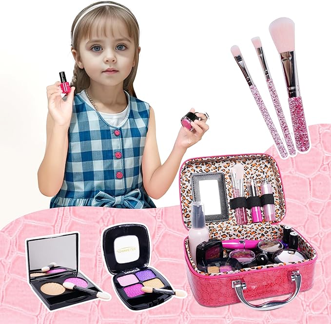 Pretend Makeup Kit for Girls Kids Pretend Play Makeup Set with Exquisite Leather Bag and Gift Box for Birthday Christmas Age 3+ (Not Real Makeup) (21pcs Rose Pink kit)