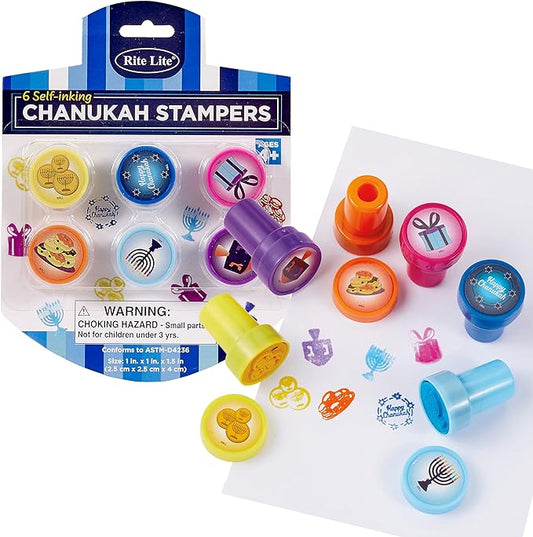 Rite Lite Set of 6 Chanukah Stampers - Features a Dreidel, Menorah, Latkes, Gelt Coins, and Happy Chanukah Designs! - Perfect Hanukkah Gift, Hanukkah Toys for Kids