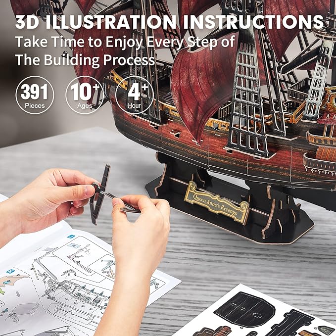 CubicFun 3D Puzzles for Adults Kids, Red Queen Anne's Revenge 391 Pcs, Home Decor Cool Pirate Ship Arts & Crafts for Adults Puzzles Model Kits, Birthday Gifts for Women Men Puzzles for Adults