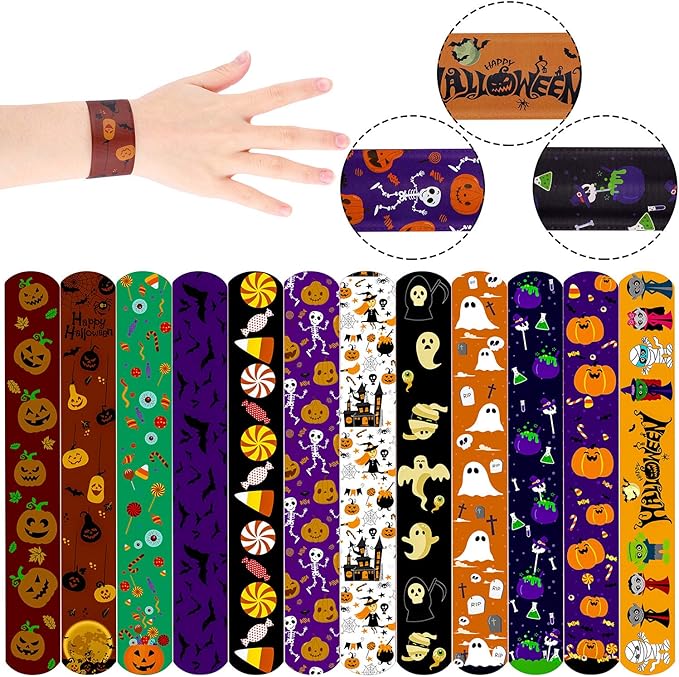 Elcoho 72 Pieces Halloween Favors Slap Bracelets Toys Halloween Wristbands Slap Bracelets for Halloween Trick or Treat Gifts