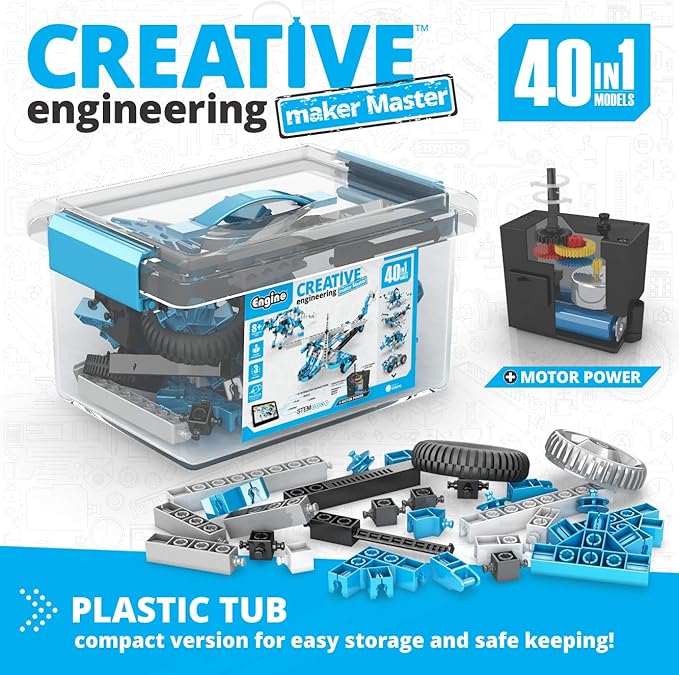 Engino Toys Creative Engineering STEM Maker Master 40-Model Set, Think and Build in 3D Space, Activities and Experiments, Dune Buggies, Drag Racers, Home Learning, for Ages 7+