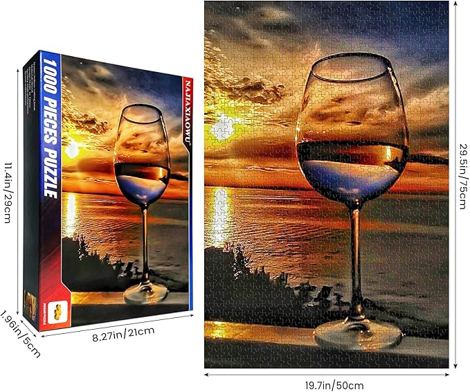 najiaxiaowu Adult Puzzles 1000 Pieces DIY Sunset Sea Wine Glass Wooden Puzzles Children and Elderly Puzzles Modern Home Decor Wall Art Unique Gift 75 cm x 50 cm(27.56 x 16.68 in)