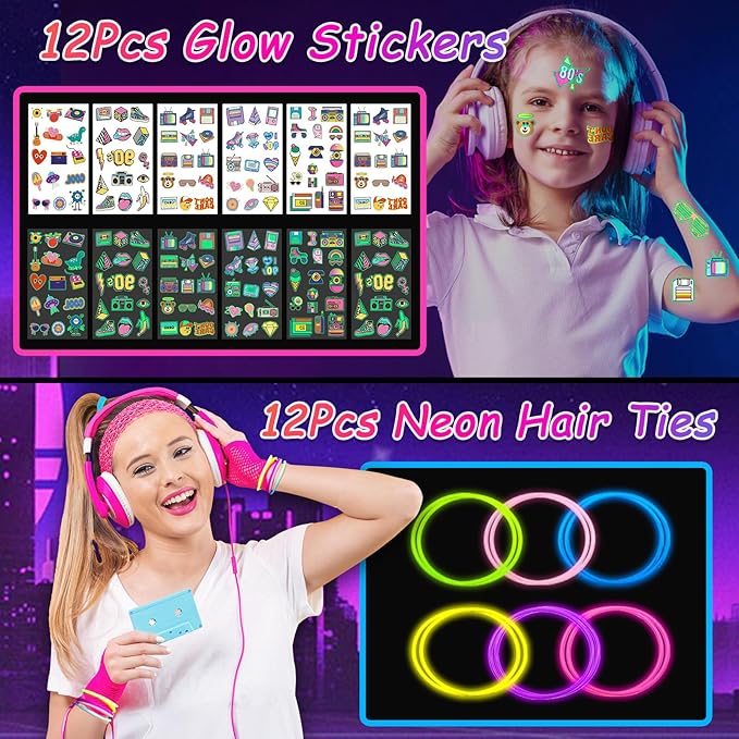 Winrayk 84Pcs 80s 90s Party Favors Birthday Supplies Shutter Glasses Gift Box Glove Necklace Hair Tie Glow Sticker Slap Bracelet Keychain Adult Teen Kid Retro Hip Hop 80s 90s Party Supplies Decoration
