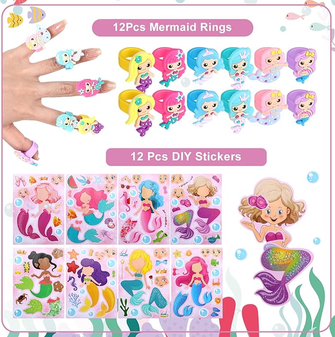 Capoda 134 Pcs Mermaid Party Favors Bulk for Girls Paper Glasses Slap Bracelets Stickers Rings Grow in Water Sea Animals Bookmarks Mermaid Goodie Bag Fillers for Mermaid Birthday Gifts Party Supplies