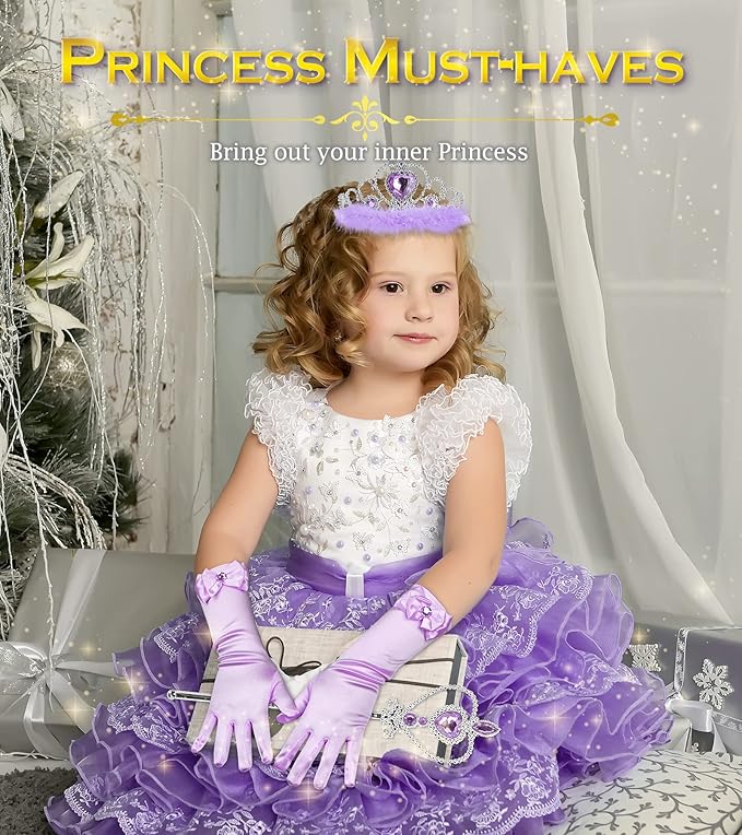 Princess Dress Up Accessories Princess Gloves, BIBUTY 7pcs Dress Up Set for Toddler Girls with Princess Crown, Wand, Gloves, Necklace, Earrings, Bracelet and Ring, Costume Toys for 3-6 yr Little Girls