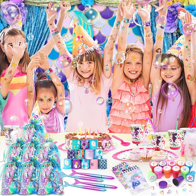 Mermaid Party Favors- Ocean Sea Party Toys Sets for 12 Children Decorations, Goodie Bag Fillers 96 PCS for Kids Summer Party Supplies, Necklace, Bubble Wands Girls Mermaid Birthday Party Favors