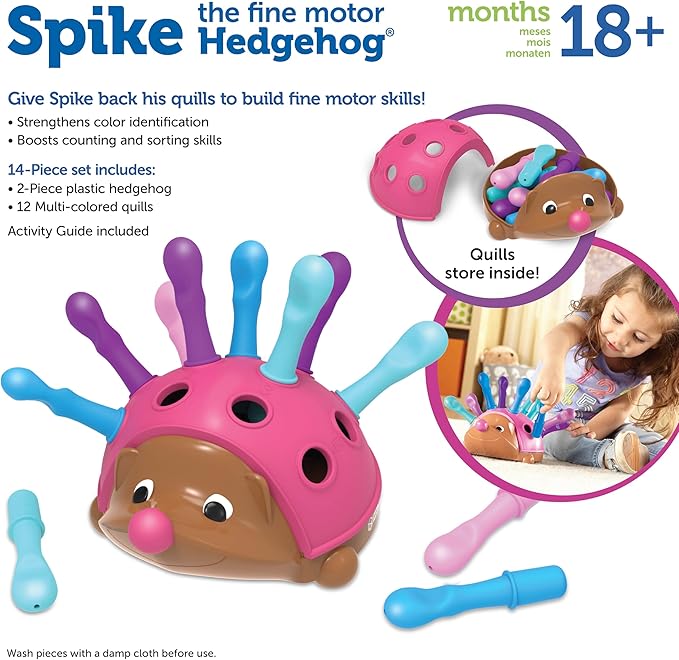 Learning Resources Spike The Fine Motor Hedgehog Pink - 14 Pieces, Ages 18+ months Fine Motor and Sensory Toy, Educational Toys for Toddlers, Montessori Toys