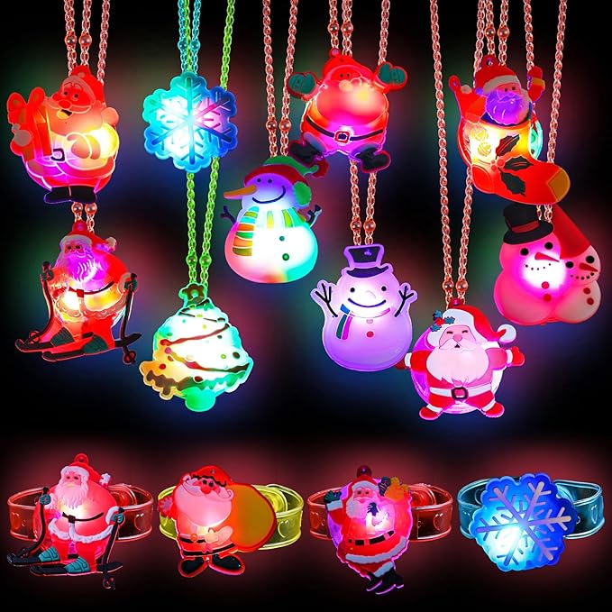 DIYASY Light Up Christmas Necklace Bulk, 24 Pcs Party Favor LED Bracelet for Kids Adults Glow in the Dark Flashing Toys Christmas Stocking Stuffers Ornaments Decorations
