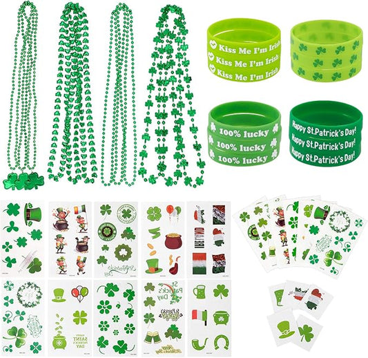 Whaline 94Pcs St. Patrick's Day Party Favor Set Include 12 Green Rubber Wristbands bracelet 12 Shamrock Necklace and 70 Piece Temporary Tattoo Sticker for St. Patrick Irish Party Supplies Decorations
