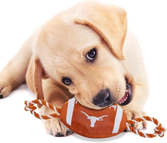 Pets First NCAA Texas Longhorns Football Dog Toy, Tough Quality Nylon Materials, Strong Pull Ropes, Inner Squeaker, Collegiate Team Color, 1 Count (Pack of 1)