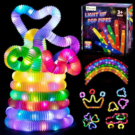 D-FantiX 12Pack LED Light Up Pop Tubes Glow Sticks, Glow Fidget Toy in The Dark Necklaces Bracelets, Birthday Party Favor for Kids, Christmas Decorations Supplies Goodie Bag Stuffers for Boys Girls