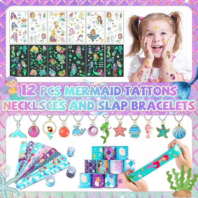 Mermaid Party Favors- Ocean Sea Party Toys Sets for 12 Children Decorations, Goodie Bag Fillers 96 PCS for Kids Summer Party Supplies, Necklace, Bubble Wands Girls Mermaid Birthday Party Favors