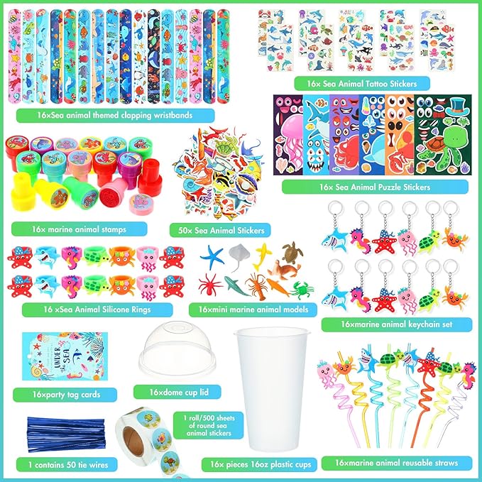Poen 212 Pcs Under the Sea Party Favors Set Include Cup Straw Stamp Clap Bracelet Keychain Ring Puzzle Sticker Animal Miniature Card for Birthday Party Baby Shower Goody Bag Stuffer
