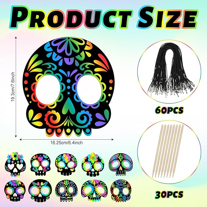 Deekin 60 Pcs Day of The Dead Scratch Masks Skulls Arts and Crafts Gift Set Halloween Skull Scratch Party Favors DIY Art Mask Craft Kit for Mexican Dia De Los Muertos Activity Party Decoration