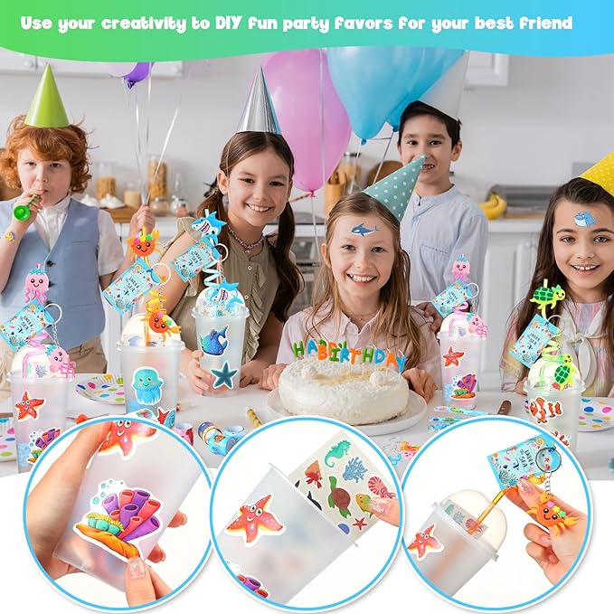 Poen 212 Pcs Under the Sea Party Favors Set Include Cup Straw Stamp Clap Bracelet Keychain Ring Puzzle Sticker Animal Miniature Card for Birthday Party Baby Shower Goody Bag Stuffer