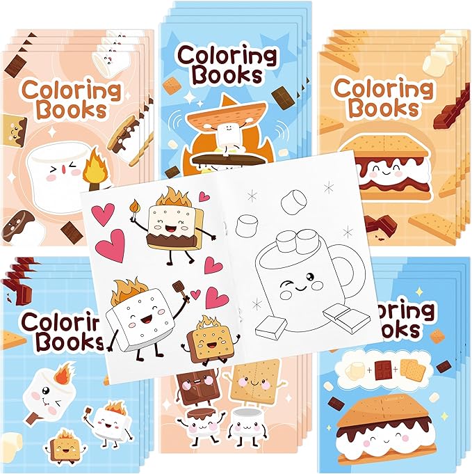 Marshmallow Coloring Books for Kids 24Pcs Bulk Campfire Camping Themed Mini Coloring Booklet DIY Art Drawing Book with Marshmallow for Toddlers Kids Birthday Party Favors Goodie Bag Filler