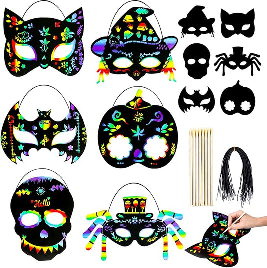 MGparty Halloween Crafts 24PCS Halloween Rainbow Scratch Mask Magic Scratch Paper Art for Kids Birthday Classroom Decoration for Halloween Party Favors Gifts Party Games Projects Kits