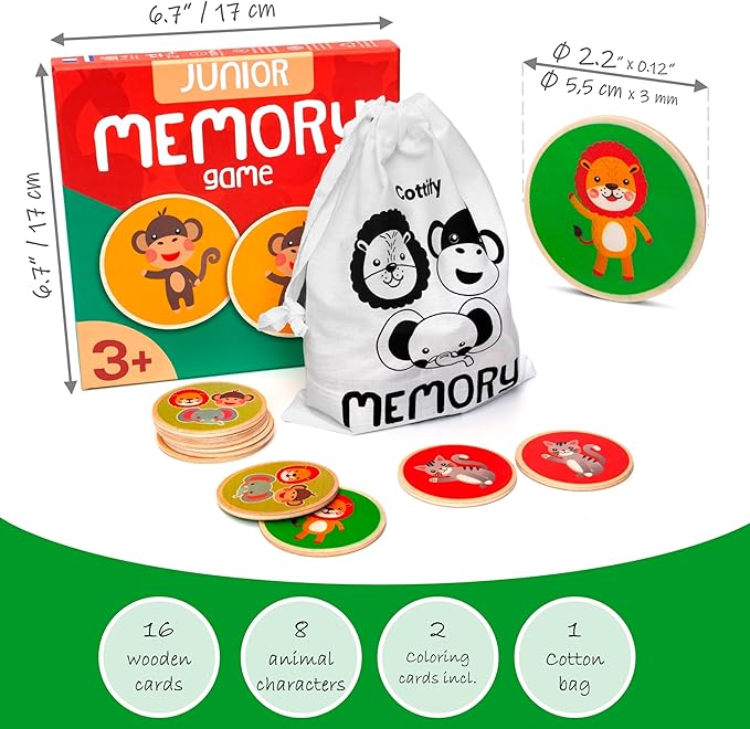 Montessori-Inspired Wooden Matching Game for Toddlers 2-4 Years - Durable, Scratch-Resistant 16 Card Set, Includes Carry Bag - Memory Game for Toddlers 2-4 Years - Cognitive Verbal Skills Development