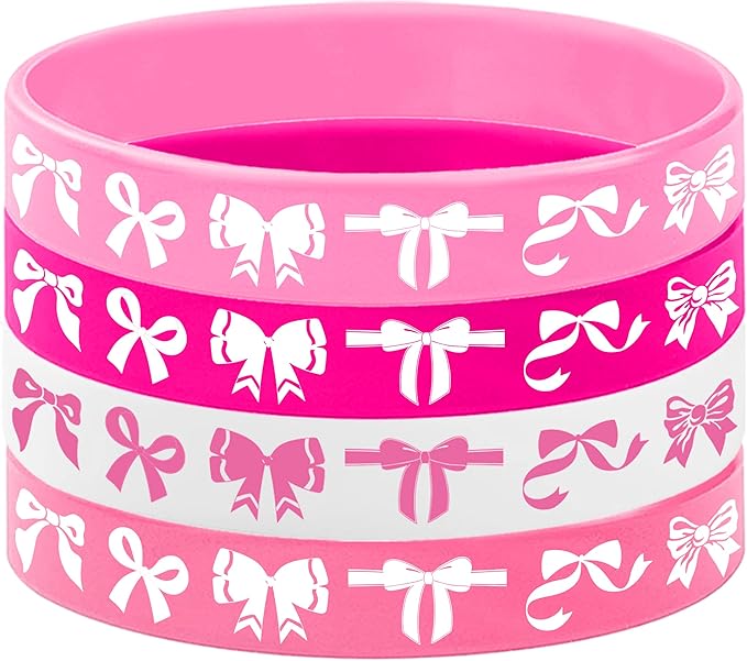 Yuanhoo 24PCS Pink Bow Rubber Bracelet Bow Wristbands Party Favors Bow Themed Birthday Hoilday Baby Shower Wedding Party Supplies Decorations