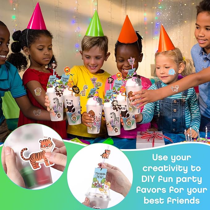 Poen 212 Pcs Jungle Party Favors Set Include Cup Straw Stamp Clap Bracelet Keychain Ring Puzzle Sticker Animal Miniature Card for Birthday Party Baby Shower Goody Bag Stuffer