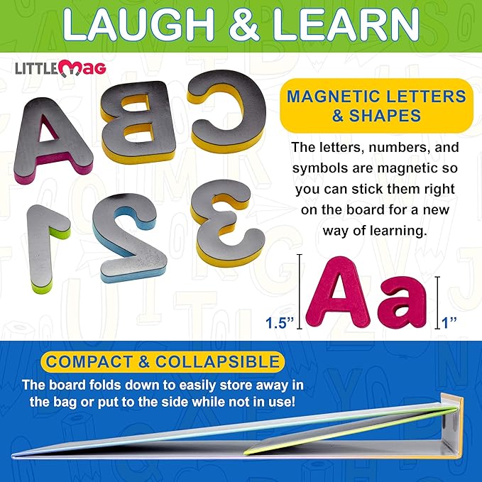 Magnetic Easel and Whiteboard for Kids – 4 Dry Erase Markers, 72 Magnet Numbers and Letters, and Bonus Carrying Bag – Table Top Educational Children’s Play Set
