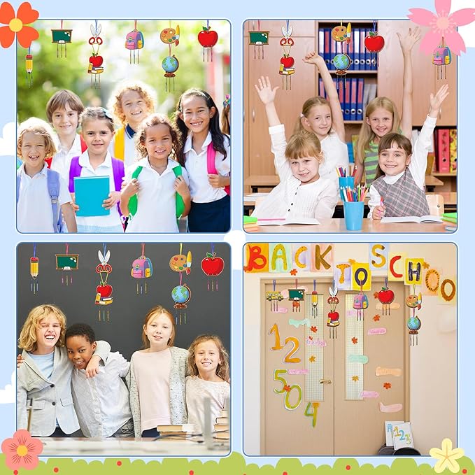 Fennoral 9 Pack Back to School Wind Chime Kit for Kids Make You Own Wind Chime Hanging Ornaments DIY Paint Back to School Craft for First Day of School Decoration Classroom Art Activity