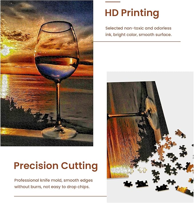 najiaxiaowu Adult Puzzles 1000 Pieces DIY Sunset Sea Wine Glass Wooden Puzzles Children and Elderly Puzzles Modern Home Decor Wall Art Unique Gift 75 cm x 50 cm(27.56 x 16.68 in)
