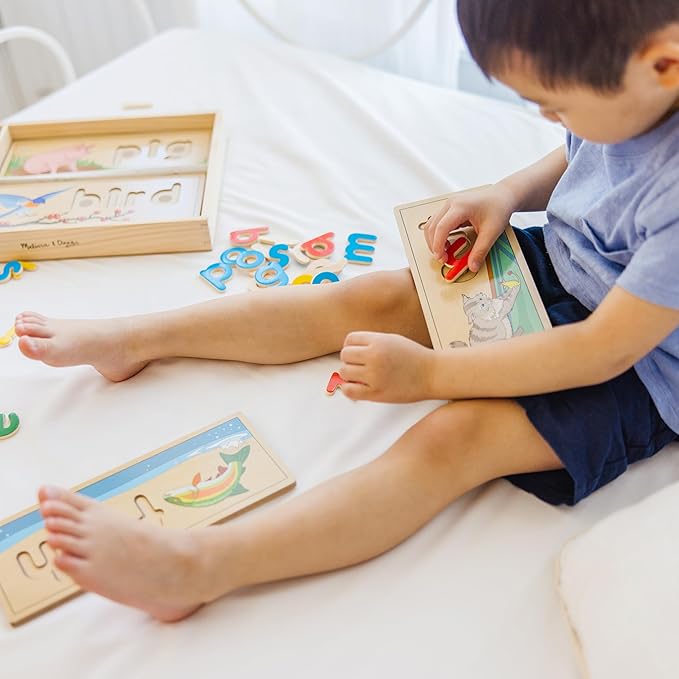Melissa & Doug See & Spell Wooden Educational Toy With 8 Double-Sided Spelling Boards and 64 Letters Preschool Learning Activities, See & Spell Learning Toys For Kids Ages 4+